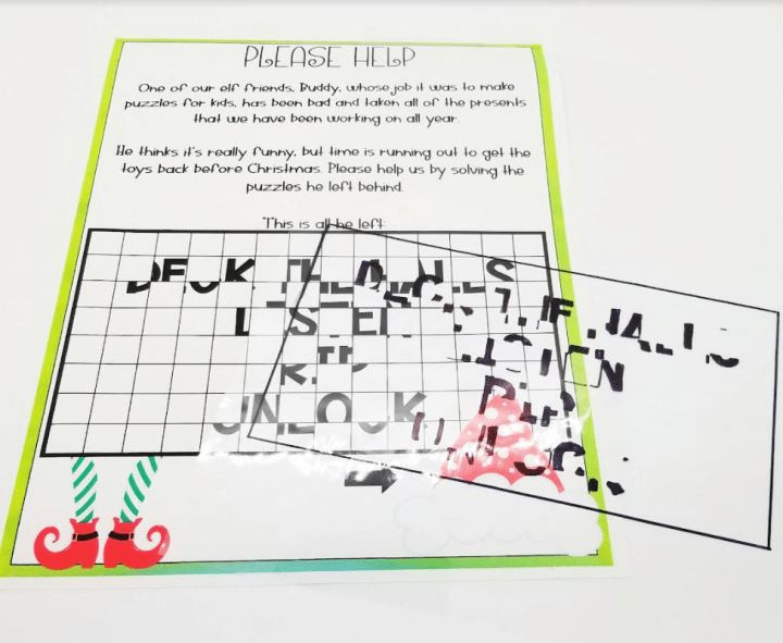 DIY Christmas Escape Room shows a puzzle page and transparency.