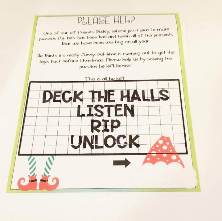 DIY Christmas Escape Room shows a puzzle solution that says, deck the halls listen, rip, unlock.