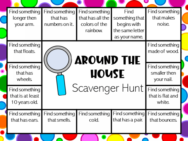 family games to play at home shows a printed scavenger hunt page.