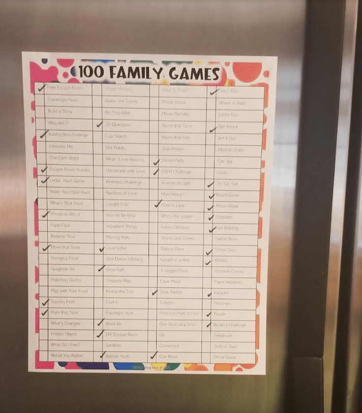family games night shows a list of the family games on the fridge.
