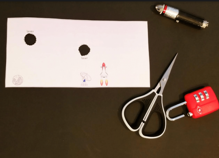 escape room puzzles shows a cutout rectangle, scissors and a laser pointer.