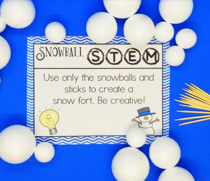 snow stem activity shows a snowball stem card and white balls and toothpicks.