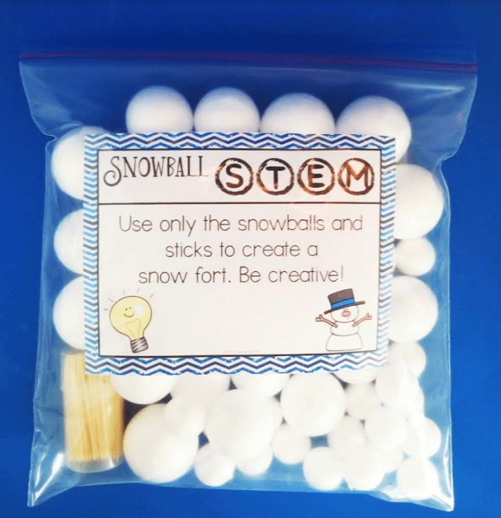 stem challenge shows a snowball stem activity card, foam balls, toothpicks in a bag.