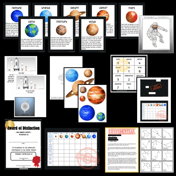 space escape room shows all of the pages in the printable puzzles.
