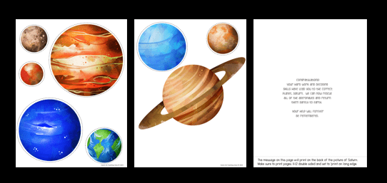 escape room challenge shows three printable pages of planets and congratulations.