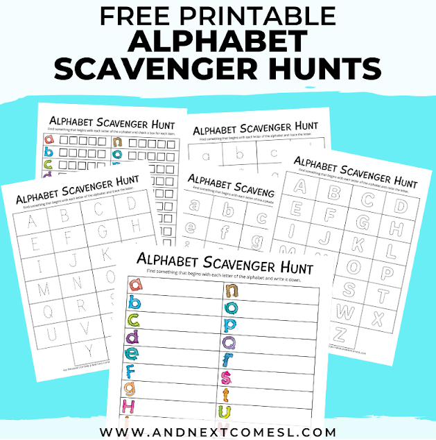 alphabet scavenger hunts shows six printable alphabet lists.