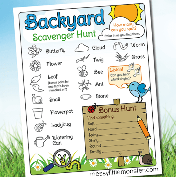 backyard scavenger hunt shows a printable list of outdoor items.