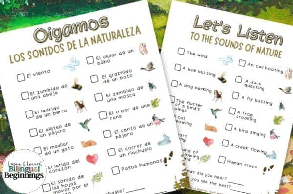 scavenger hunt shows two printable sheets one in Spanish and one in english.