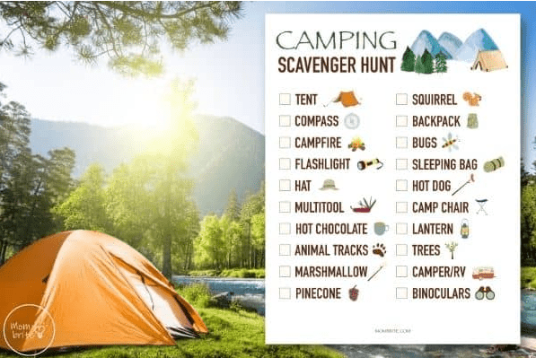 camping scavenger hunt shows an outdoor image with a tent and a printable camping hunt list.