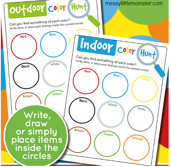 color scavenger hunt shows two printable lists with circles for items of all colors to be found.