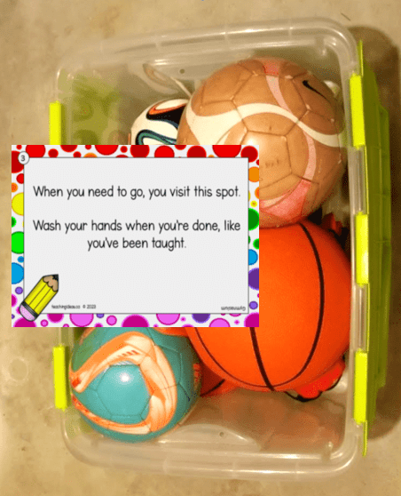 scavenger hunt game shows a bin of balls and a clue card.