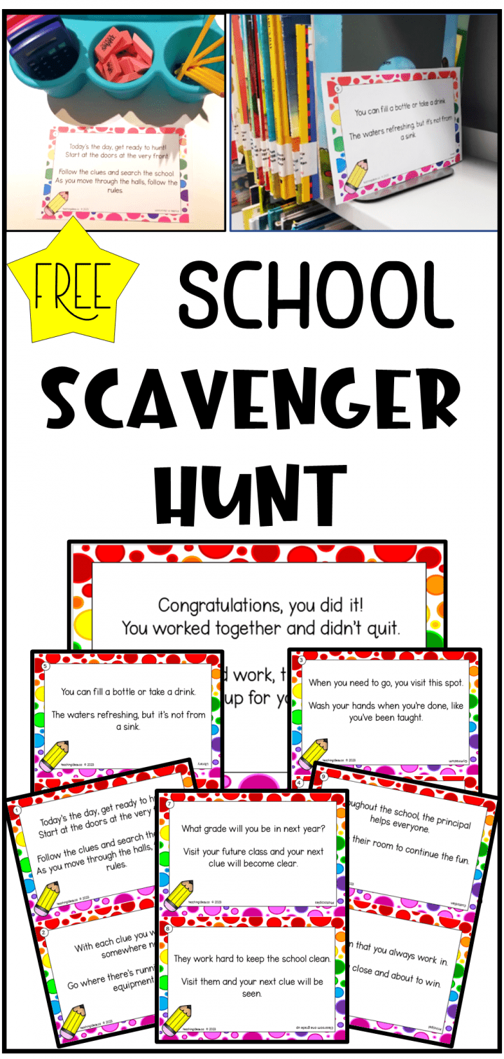 free school scavenger hunt shows pintable pages for a hunt on a pinterest pin.