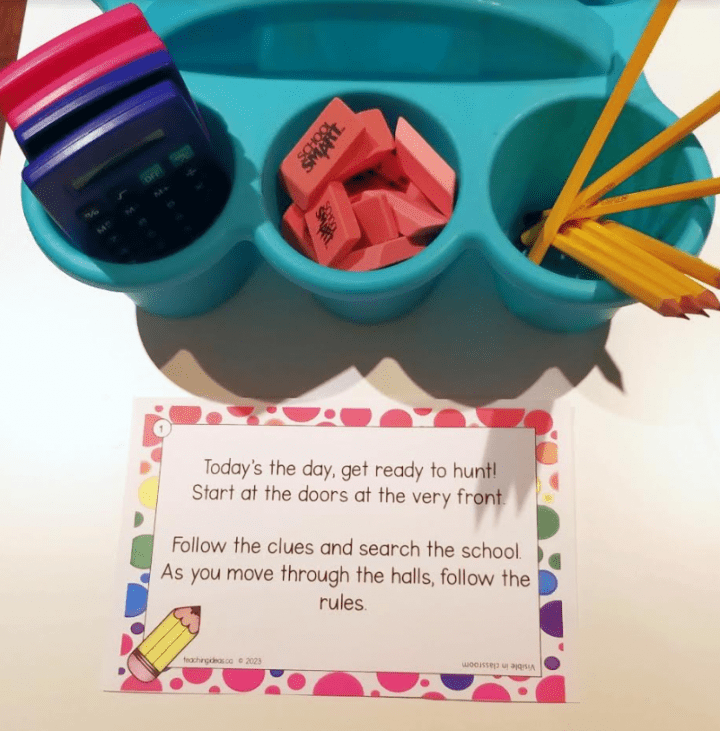free school scavenger hunt shows a container with pencils and erasers and a printed card.
