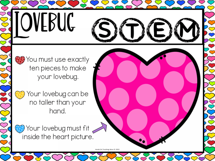 stem challenge for kids shows an activity card that reads you must use exactly ten pieces to make your lovebug, your lovebug can be no taller than your hand and your lovebug must fit inside the heart picture.
