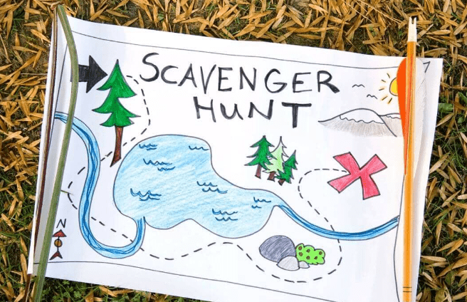 scavenger hunt shows a drawn scavenger hunt picture with an x.