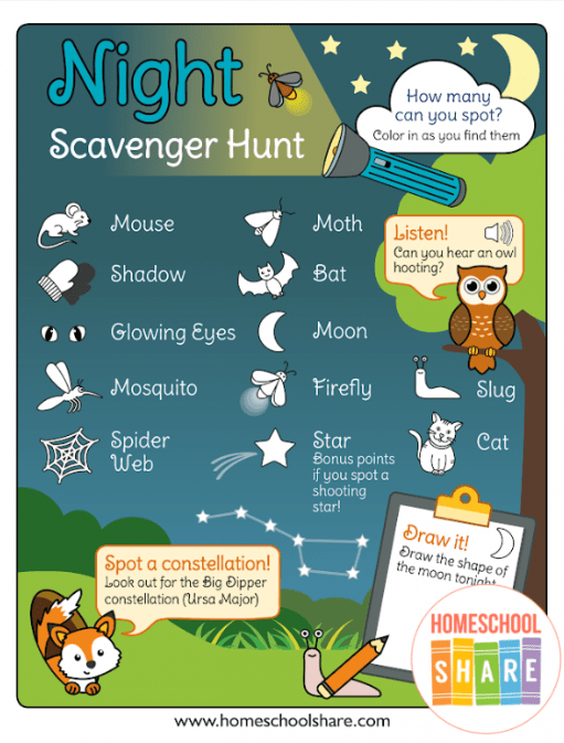 night scavenger hunt shows a printable list of things found at night.