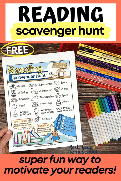 reading scavenger hunt shows a sheet with things for kids to look for in books.