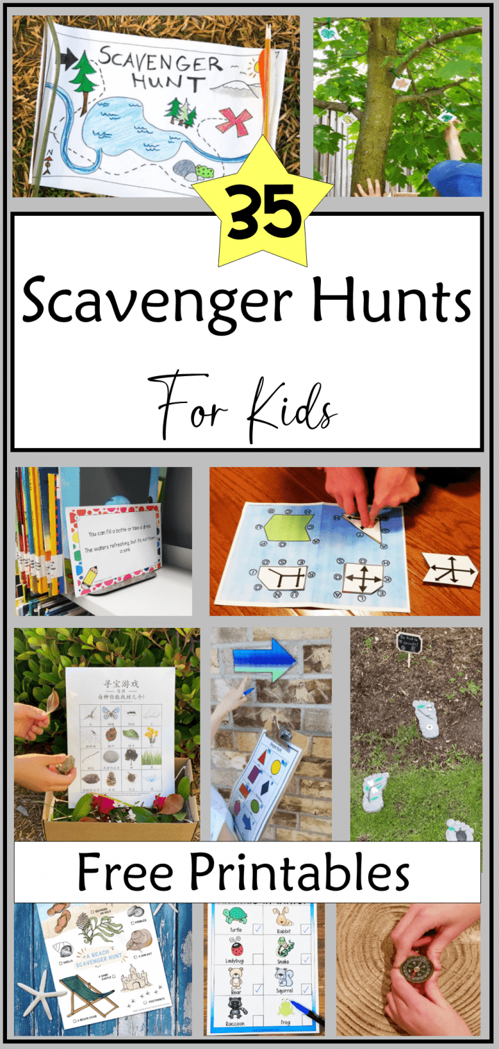 scavenger hunt ideas shows an image with a collage of scavenger hunts.