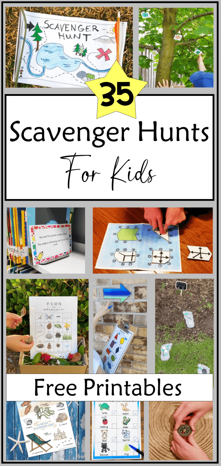 scavenger hunt ideas for kids shows a pinterest pin image with a collage of scavenger hunt games.