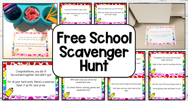 free school scavenger hunt collage of printable pages and clues hidden.