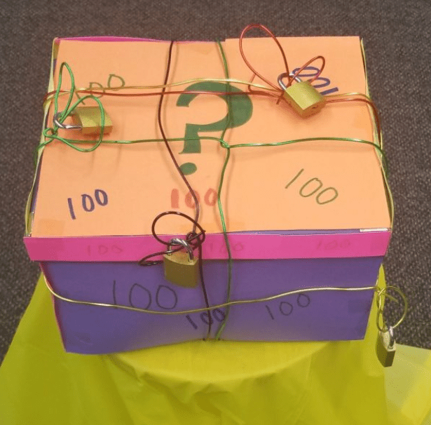 classroom escape room shows an escape room box with several locks and strings securing it shut.