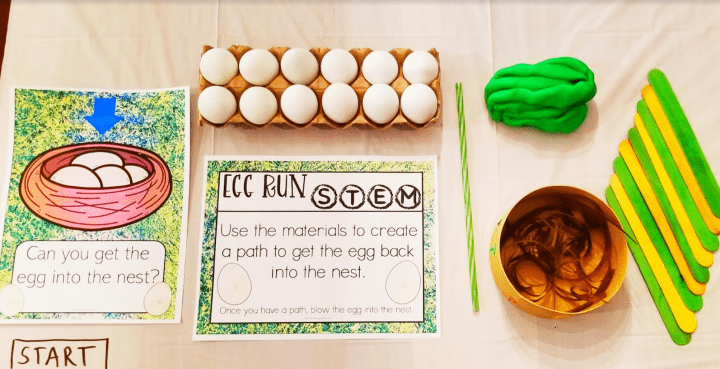 Easter STEM activity shows materials needed for a stem activity like eggs, sticks and dough.
