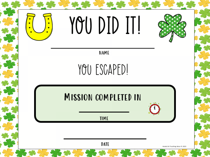 st. patrick's day escape room completion certificate.
