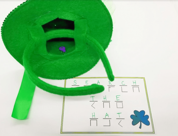 st. patrick's day escape room shows a leprechaun hat and printed off clue.