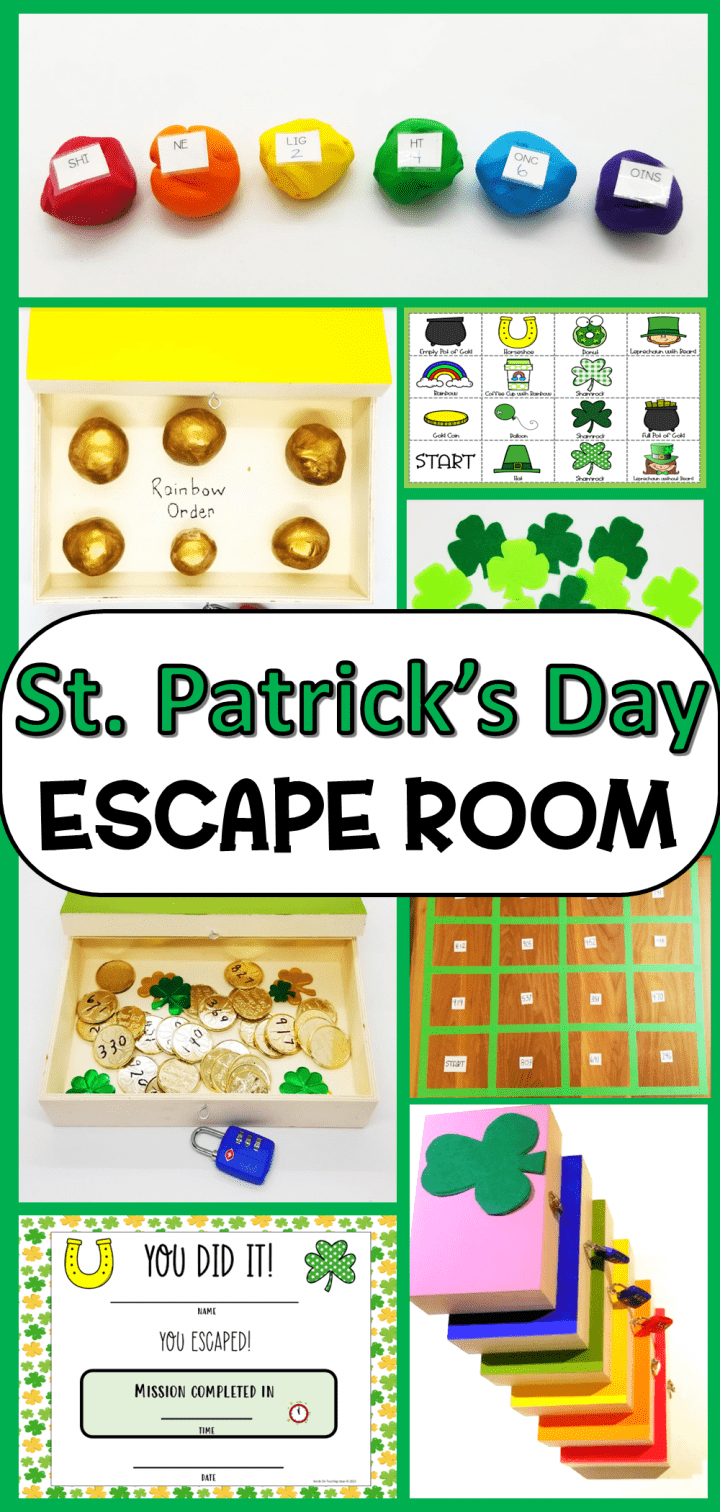 st. patrick's day escape room shows a pinterest pin collage.