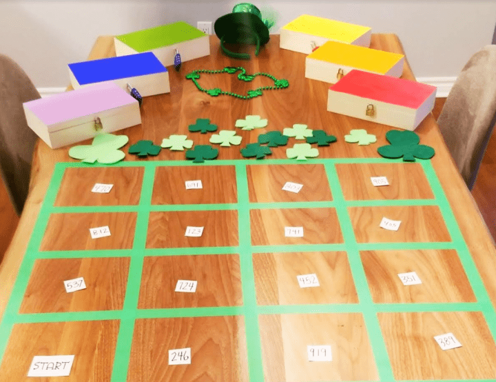 st. patrick's day escape room table set up.