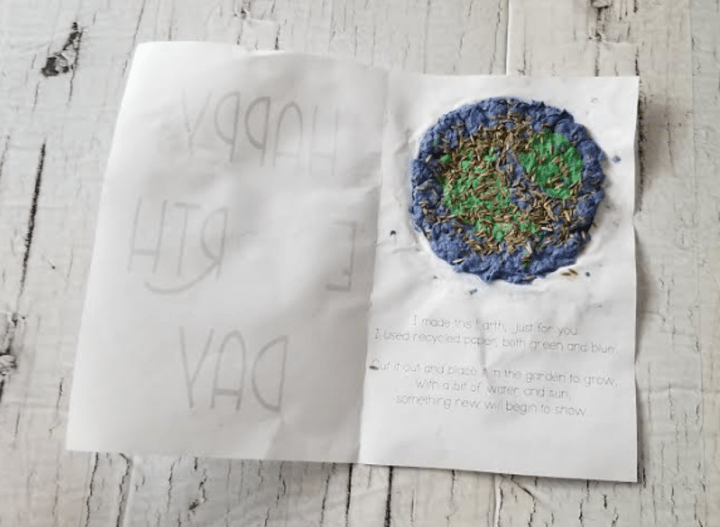 Earth Day activity shows a printable Earth Day sheet and an earth made from green and blue paper pulp 