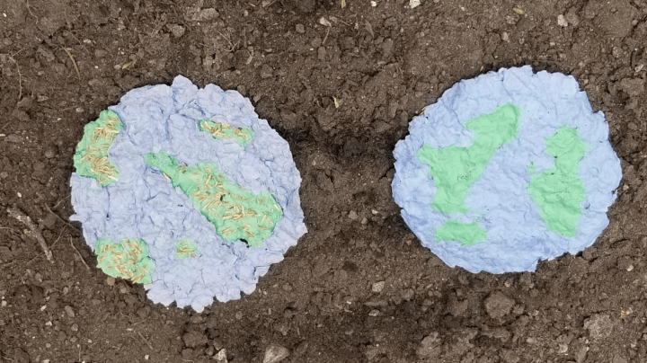 Earth Day activity shows two plantable earths on soil.