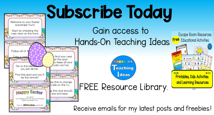 Free Easter scavenger hunt shows a button to subscribe to hands on teaching ideas.