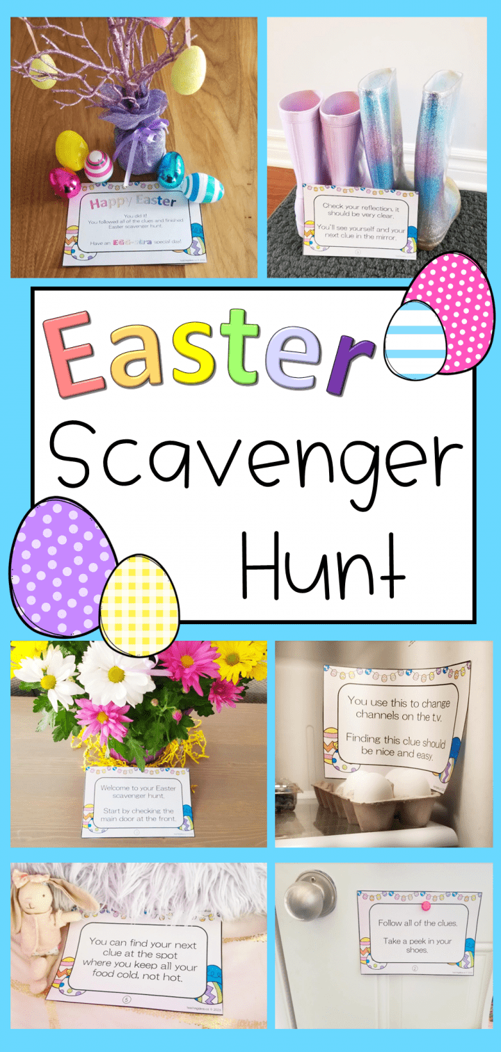 free Easter scavenger hunt shows a collage of scavenger hunt images.