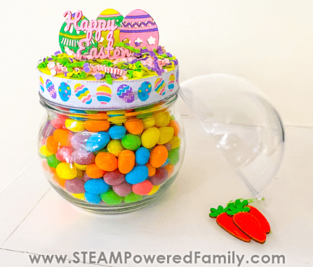 Easter STEM shows a jar of candy with a light up decoration on top.