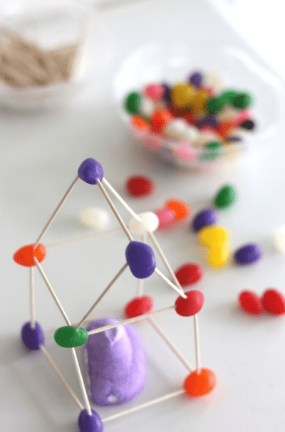 Easter sTEM challenge shows a house like structure made from jelly beans and toothpicks with a peeps candy inside.
