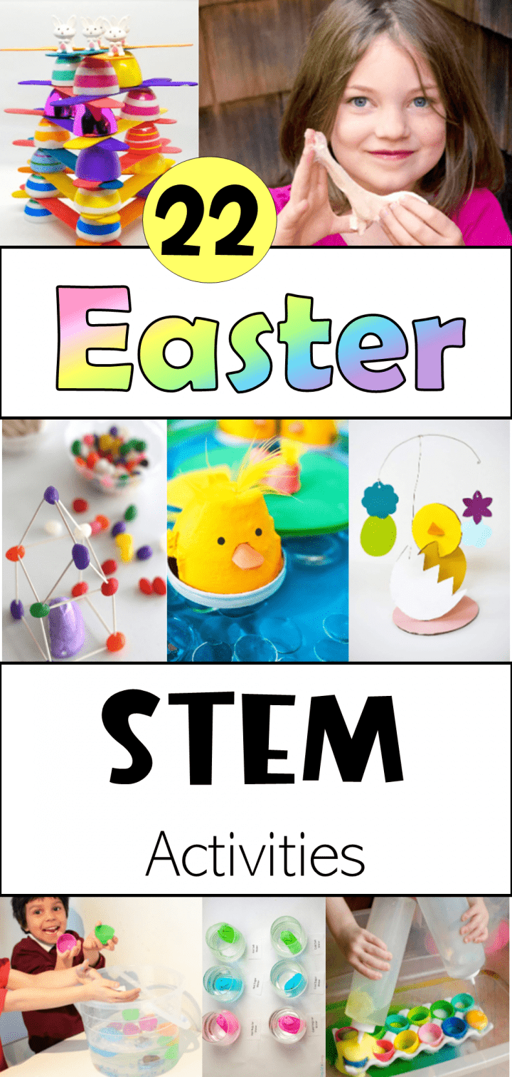 Easter STEM activities shows a pinterest pin with several Easter activities for kids.