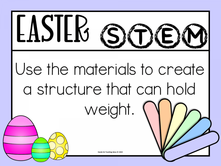 Easter activity shows a printing activity card that says use the materials to create a structure that can hold weight.