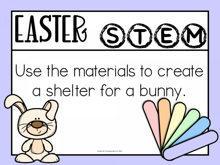 easter activity shows a printing activity card that says use the materials to create a shelter for a bunny.