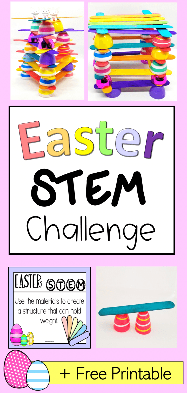 Easter STEM activity shows a collage of structures and it says Easter STEM challenge.