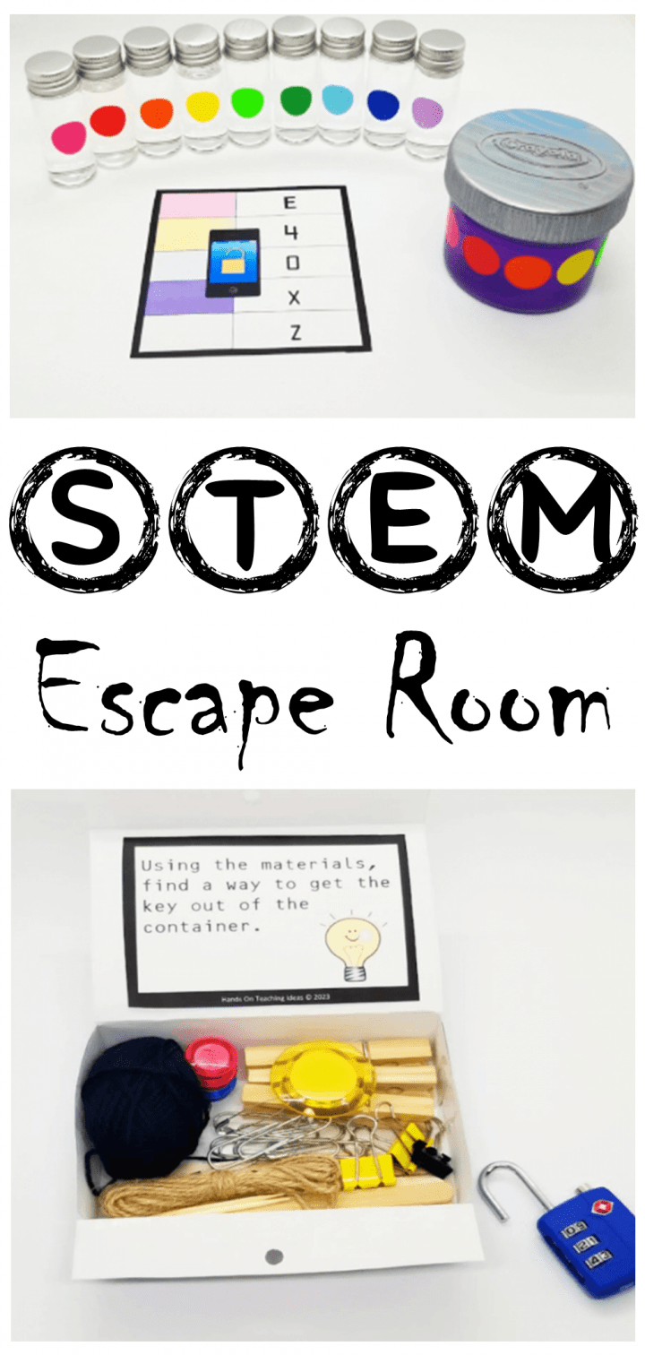 STEM escape room shows a pinterest image with a few STEM escape room puzzles.