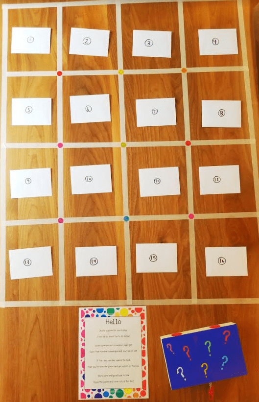 free printable escape room for young kids shows a grid with envelopes and a locked box.