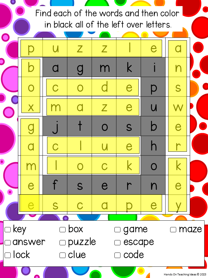 free printable escape room pdf shows a word search solution.