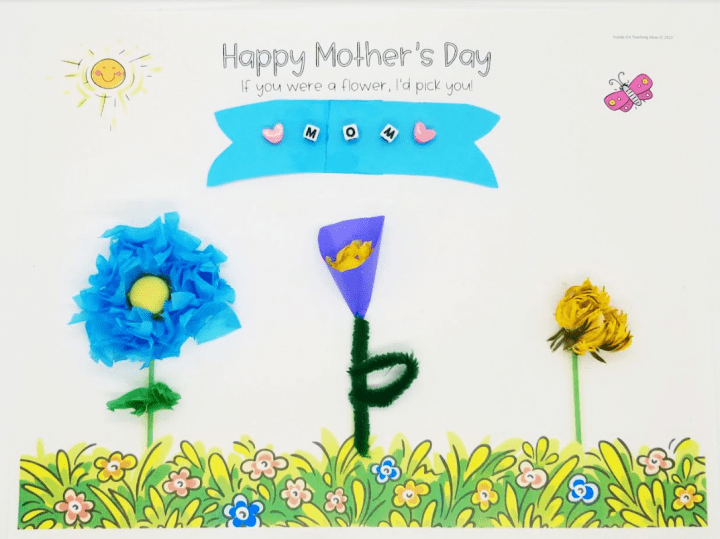 mothers day steam shows a mothers day card with three kid made flowers.