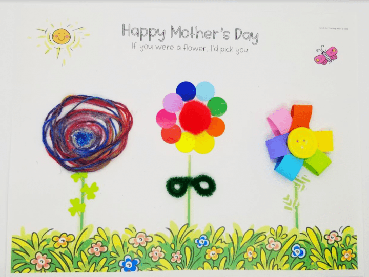 mothers day steam activity shows a printable card with three flowers made by kids.