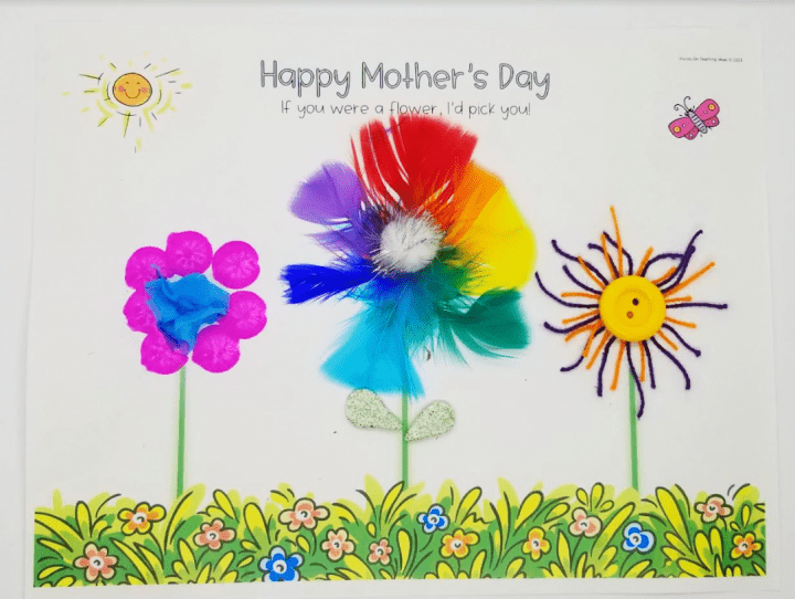 mothers day steam activity shows a card with three kid designed flowers.