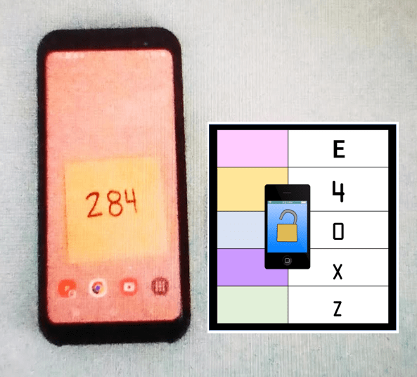 STEM escape room for kids shows a cell phone with the background as a photo of a printed number 284.