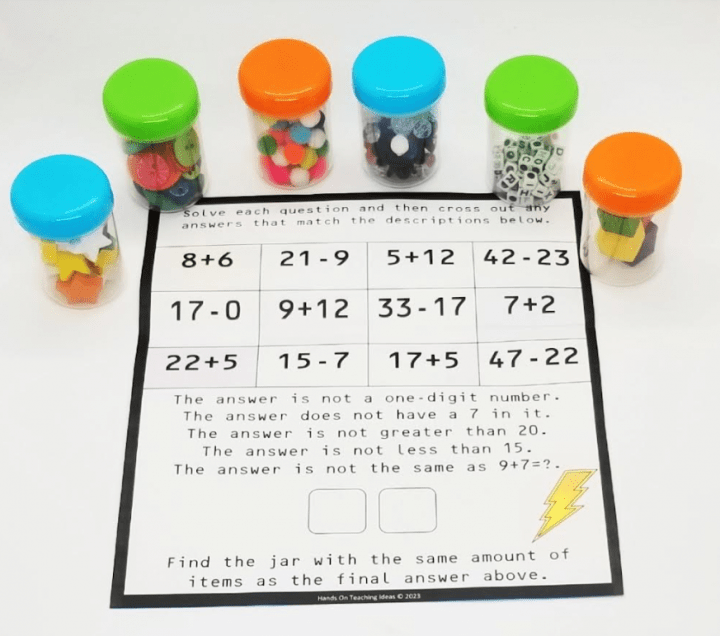 math activity for kids shows a sheet with math problem and six small containers with small items in them.