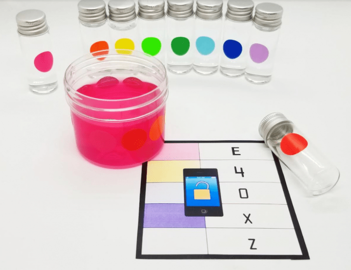 escape room for kids shows nine jars and one poured into a container of pink liquid.