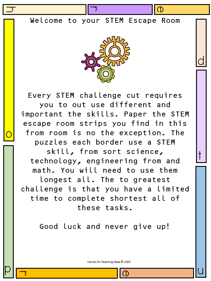 STEM escape room welcome letter with gears and a colorful border.